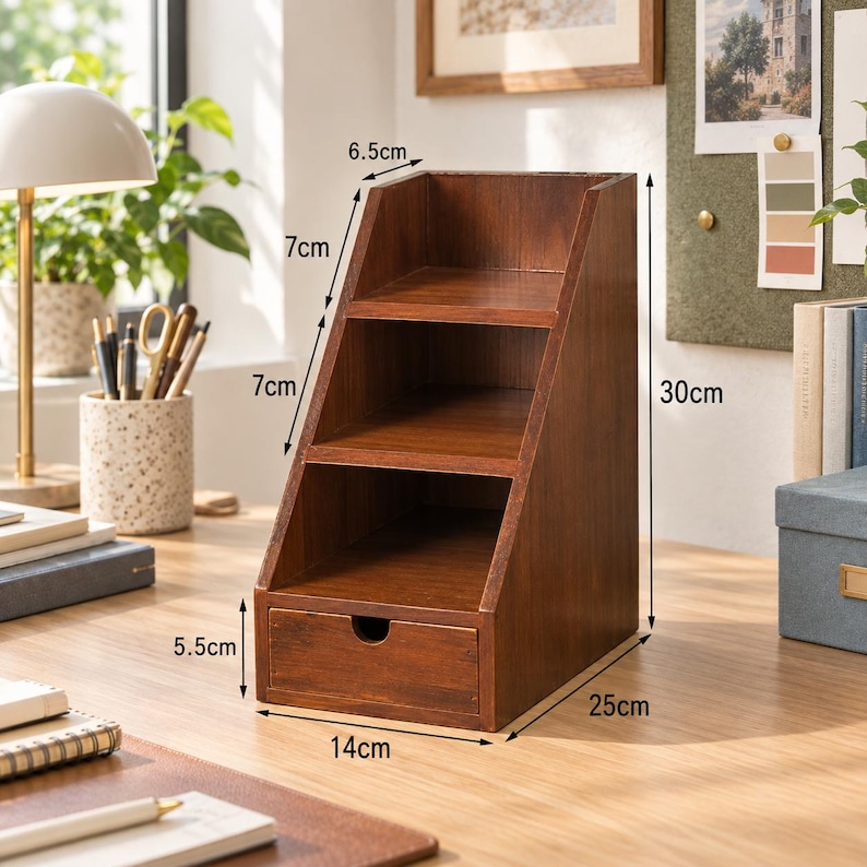 Makeup Rack Organizer Wood Desk Organizer, Desktop Storage Rack With Drawer, Office ...