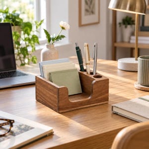 May include: A rectangular wooden desk organizer with a dark brown grain finish, featuring a front compartment filled with stacked light-colored paper notes and a back section with three cylindrical holes holding a green pen, a white pen, and a silver pen.