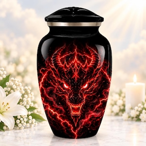 May include: A black cremation urn featuring a vibrant red graphic of a dragon head surrounded by lightning-like energy patterns. The urn has a smooth, glossy finish, a rounded body, and a secure black lid with a metallic silver-toned trim band.