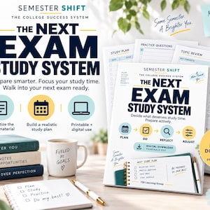 May include: The Semester Shift Next Exam Study System is a printable and digital educational resource. The cover features bold dark blue text, yellow icons for planning, and a checklist. It includes study plan pages, practice questions, and topic reviews.