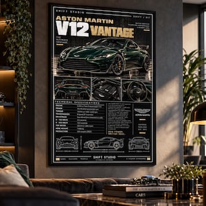 May include: A black wall poster featuring a dark green Aston Martin V12 Vantage. The design includes a large car image, smaller detail shots, technical specifications, and white text labels. The layout displays the car from front, rear, and side angles.