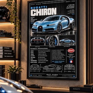 May include: A black framed wall poster featuring a light blue Bugatti Chiron hypercar. The design includes a large front-view image, smaller rear and side profile views, technical specifications, and detailed line drawings with metric dimensions.