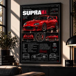 May include: A framed poster featuring a red Toyota Supra MK4. The design includes a large front-view image, smaller rear and side profile views, a wheel detail, and technical specifications. Text includes 'Toyota Supra MK4', 'Shift Studio', and 'JDM legend'.