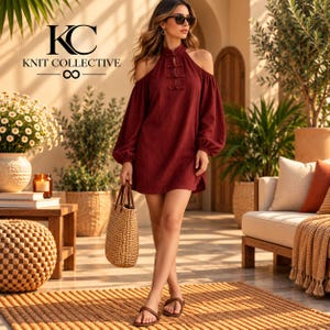 Minivestido de mujer con hombros descubiertos y mangas abullonadas, estilo bohemio con detalles de botones de rana.