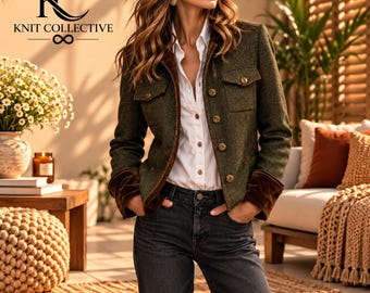 May include: An olive green tweed jacket with brown velvet cuffs and trim, worn over a white button-down shirt and dark gray jeans. The jacket features two chest pockets with buttons and a front button closure. The logo KC KNIT COLLECTIVE is visible.
