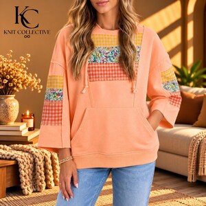 Damen-Kapuzenpullover mit Kängurutasche, kariert, floral gemustert, Oversize-Boho-Pullover