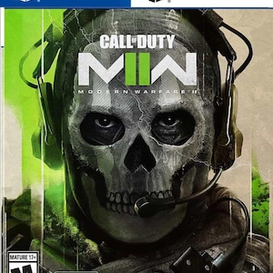 May include: A video game cover for Call of Duty Modern Warfare II featuring a central character wearing a skull mask and a headset with a microphone. The background is green and grey with the PS4 and PS5 logos at the top and an ESRB M rating.