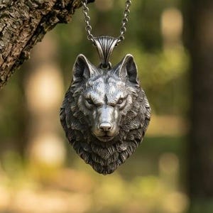 May include: A silver-toned metal pendant shaped like a detailed wolf head, suspended from a matching silver-toned link chain. The pendant features intricate fur textures and sharp facial features, hanging vertically from a textured tree branch.