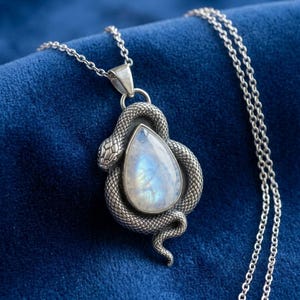 Puede incluir: Un collar con colgante de plata que presenta una piedra lunar en forma de lágrima engastada en un diseño de serpiente texturizada y enroscada. El metal tiene un acabado oxidado para resaltar las escamas detalladas, suspendido de una fina cadena.