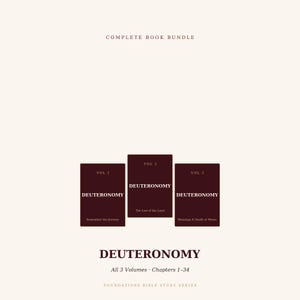 May include: A complete book bundle featuring three dark maroon volumes of the Deuteronomy Bible study series. The covers display the text Vol 1 Remember the Journey, Vol 2 The Law of the Land, and Vol 3 Blessings & Death of Moses.