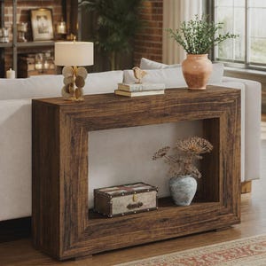 Può includere: Un tavolo consolle rettangolare in legno con finitura a venature marrone scuro. Il tavolo presenta un ripiano centrale cavo che ospita un baule in stile vintage con motivo Union Jack e un vaso in ceramica azzurro con steli botanici essiccati.