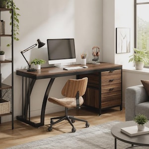 Peut inclure: Un bureau en bois avec une finition brun foncé et un cadre en métal noir, doté de trois tiroirs sur le côté droit. Une chaise pivotante avec un dossier en bois et une assise matelassée beige est placée devant le bureau, qui porte un écran.