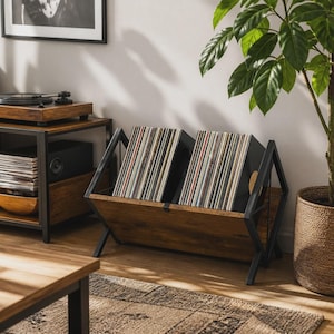 Svart förvaringsställ för vinylskivor, LP-displayställ, retro bokhållare i järn för 80 LP-skivor