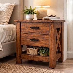 Op de afbeelding: Een rustiek houten nachtkastje met twee lades voorzien van matzwarte horizontale handgrepen en een open onderste plank. Het meubel heeft een warme bruine houtnerfafwerking en een decoratieve X-vormige steunstructuur aan de zijkant.