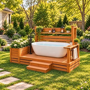 Outdoor Bathtub Deck Plans | Freestanding Wooden Spa Platform with Privacy Screen & Planter | Garden Bath DIY PDF