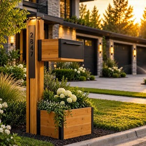 May include: A vertical wooden mailbox post with a black metal mailbox and a built-in planter box at the base. The post features a vertical black metal plate with the house number 2847 in a modern font, illuminated by a small light at the top.