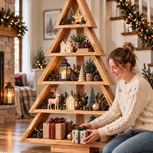 May include: A triangular wooden shelving unit shaped like a Christmas tree with four horizontal tiers. The shelves are decorated with miniature houses, a lantern, a reindeer figurine, pine branches, pinecones, and wrapped gift boxes.