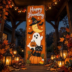Skiktade träskyltar för Halloween-veranda | Spöke, häxa, katt, pumpa (PDF)