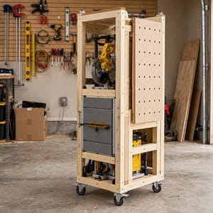 May include: A tall, light-colored wooden mobile workshop cart on casters, featuring a vertical storage design. It houses a yellow and black miter saw at the top, a gray table saw in the center, and a yellow planer at the base, with a pegboard side panel.