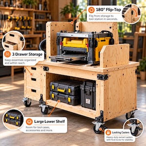 May include: A wooden mobile workbench featuring a yellow and black power planer on top, three storage drawers, a large lower shelf holding two black tool cases, and four locking casters. Text overlays include 180 Flip-Top, 3 Drawer Storage, Large Lower Shelf, and Locking Casters.