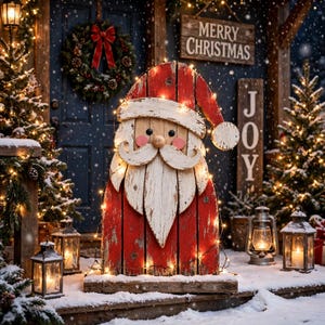 May include: A rustic wooden Santa Claus decoration with a distressed red and white finish, featuring a pointed hat, a long beard, and a mustache. The figure is illuminated by warm string lights and stands outdoors in the snow.