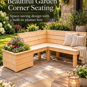 May include: An L-shaped wooden corner bench featuring a built-in square planter box on one end. The bench has horizontal wooden slats, a light natural wood finish, and is decorated with two throw pillows and a cream-colored knit throw blanket.