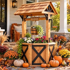 May include: A wooden wishing well planter with a shingled roof, a crank handle, and a hanging bucket. The hexagonal base features black metal X-bracing and is filled with colorful flowers, surrounded by pumpkins and potted chrysanthemums.