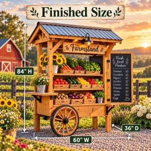 May include: A wooden farmstand cart with a metal roof, three shelves of produce, and a chalkboard sign listing prices for fresh local produce. The structure measures 84 inches high, 60 inches wide, and 36 inches deep, featuring sunflowers.