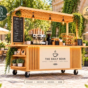 Può includere: Un carrello mobile per caffè in legno con tetto a doghe, luci a sospensione e quattro ruote. Il pannello frontale mostra il testo THE DAILY BEAN COFFEE GOOD FOOD HAPPY PEOPLE. Include una lavagna per il menu, una macchina espresso e pasticcini.