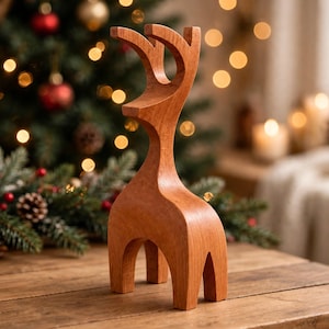 May include: A smooth, light brown wooden sculpture of a stylized deer with a long, curved neck and branched antlers. The figure stands on four legs and features a polished, natural wood grain finish with clean, rounded edges throughout.