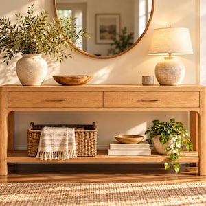 Può includere: Un tavolo console in rovere chiaro con due cassetti e un ripiano inferiore. La superficie superiore ospita un vaso testurizzato con vegetazione, una ciotola in legno e una lampada da tavolo con paralume in tessuto. Il ripiano inferiore contiene un cesto intrecciato, libri e una pianta.