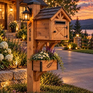 May include: A wooden mailbox mounted on a post with a gabled roof, a black metal mail slot, and a small black knob. The post features a black lantern, the house number 518, and a black leaf decal. A wooden planter box with flowers is attached.