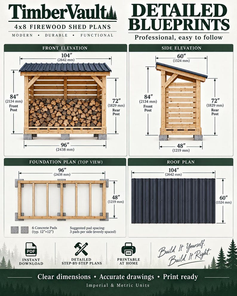Timbervault 4x8 Firewood Shed Plans | Modern Outdoor Storage Blueprint