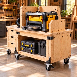 May include: A yellow and black thickness planer mounted on a custom light-colored plywood workbench with four locking caster wheels. The workbench features three drawers on the left side and two dark gray storage cases on the lower shelf.