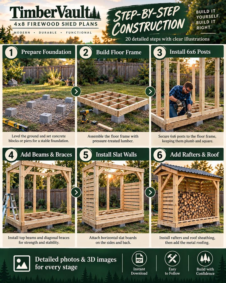 Timbervault 4x8 Firewood Shed Plans | Modern Outdoor Storage Blueprint
