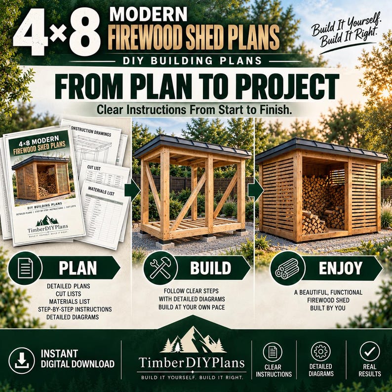 4x8 Firewood Shed Plans PDF, DIY Wood Storage, Outdoor Rack, Digital