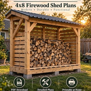 Puede incluir: Documento de planos para cobertizo de leña TimberVault 4x8 con estructura de madera, techo de metal oscuro, paredes de listones horizontales y base de bloques de hormigón. La imagen incluye el texto: TimberVault, 4x8 Firewood Shed Plans, PDF Download, Detailed Plans, Printable at Home, Build It Yourself. Build It Right.