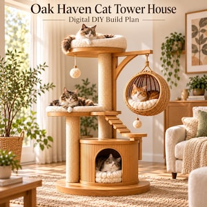 May include: A multi-level wooden cat tower with sisal-wrapped scratching posts, a circular base, a lower enclosed cubby, a hanging woven basket, and plush white cushions. The text "Oak Haven Cat Tower House Digital DIY Build Plan" is visible.
