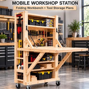 Folding Workbench Plans | Rolling Tool Cabinet with Fold-Out Surface | DIY PDF