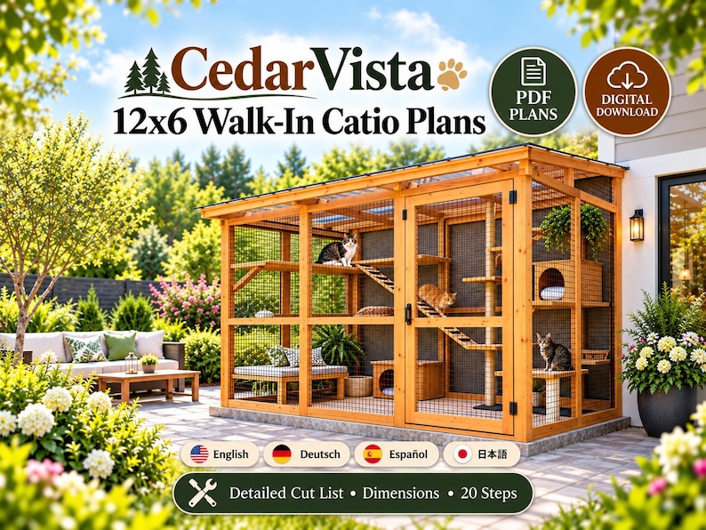 Cat Walk In Ramp Catio Plans PDF | 12x6 Walk-in Outdoor Cat Enclosure | DIY Cedar Build ...