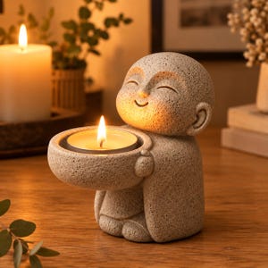 Puede incluir: Una figura de piedra beige moteada que representa a un niño sonriente en posición de rodillas. La figura sostiene un cuenco circular en sus manos, que contiene una pequeña vela de té encendida con una llama amarilla cálida y brillante.