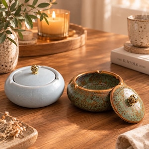 Ceramic Ashtray & Incense Burner | Odorless Lid, Gold Knob, Zen Decor