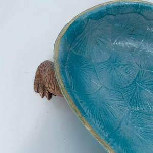 Op de afbeelding: Een decoratieve kom in de vorm van een schildpadschild met een fel turquoise binnenkant met een gestructureerd, waaiervormig patroon. De buitenrand is afgewerkt met goud en een bruine, geschubde schildpoot steekt uit de zijkant van de kom.