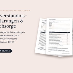 Könnte beinhalten: Ein digitales Bündel aus A4-Einverständniserklärungen und Nachsorgeformularen für Kosmetikerinnen, mit 12 Vorlagen für 5 Behandlungen, inklusive DSGVO-Einwilligung, bearbeitbar in Word und als Sofort-Download verfügbar.