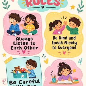 May include: A colorful poster titled HOUSE RULES featuring four illustrated sections with children. The text includes Always Listen to Each Other, Be Kind and Speak Nicely to Everyone, Be Careful With Our Things, and Let's All Do Our Best.