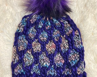 Looking-Glass Hat, 100% Merino Wool, Purple Toque With Stained Glass Look