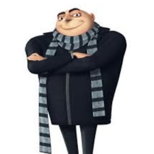Op de afbeelding: Een cartoonfiguur met een kale kop, die een zwarte jas en een gestreepte sjaal draagt, met een ondeugende glimlach.