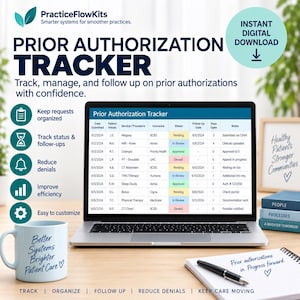 Op de afbeelding: Een digitale tracker voor voorafgaande machtigingen op een laptopscherm, met een tabel met kolommen voor datum, initialen van de patiënt, dienst, verzekering, status, vervolgdatum, openstaande dagen en notities, naast iconen voor organisatie.