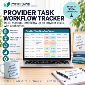 Puede incluir: Un rastreador de flujo de trabajo de proveedores digital en la pantalla de una computadora portátil, con columnas para fecha, proveedor, tarea, prioridad, estado, fecha de vencimiento y notas, junto a una taza, un cuaderno con bolígrafo y libros.
