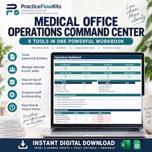 May include: A digital workbook titled Medical Office Operations Command Center displayed on a laptop screen. The dashboard features tables for tracking paperwork, referrals, and provider tasks. Includes text labels for workflow, admin, and onboarding.
